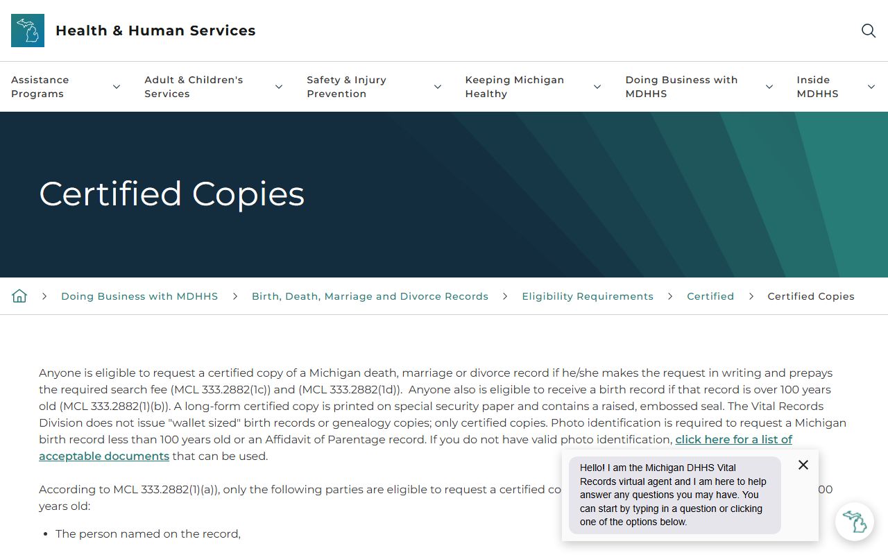 Michigan certified-copy eligibility rules for Cheboygan County vital records