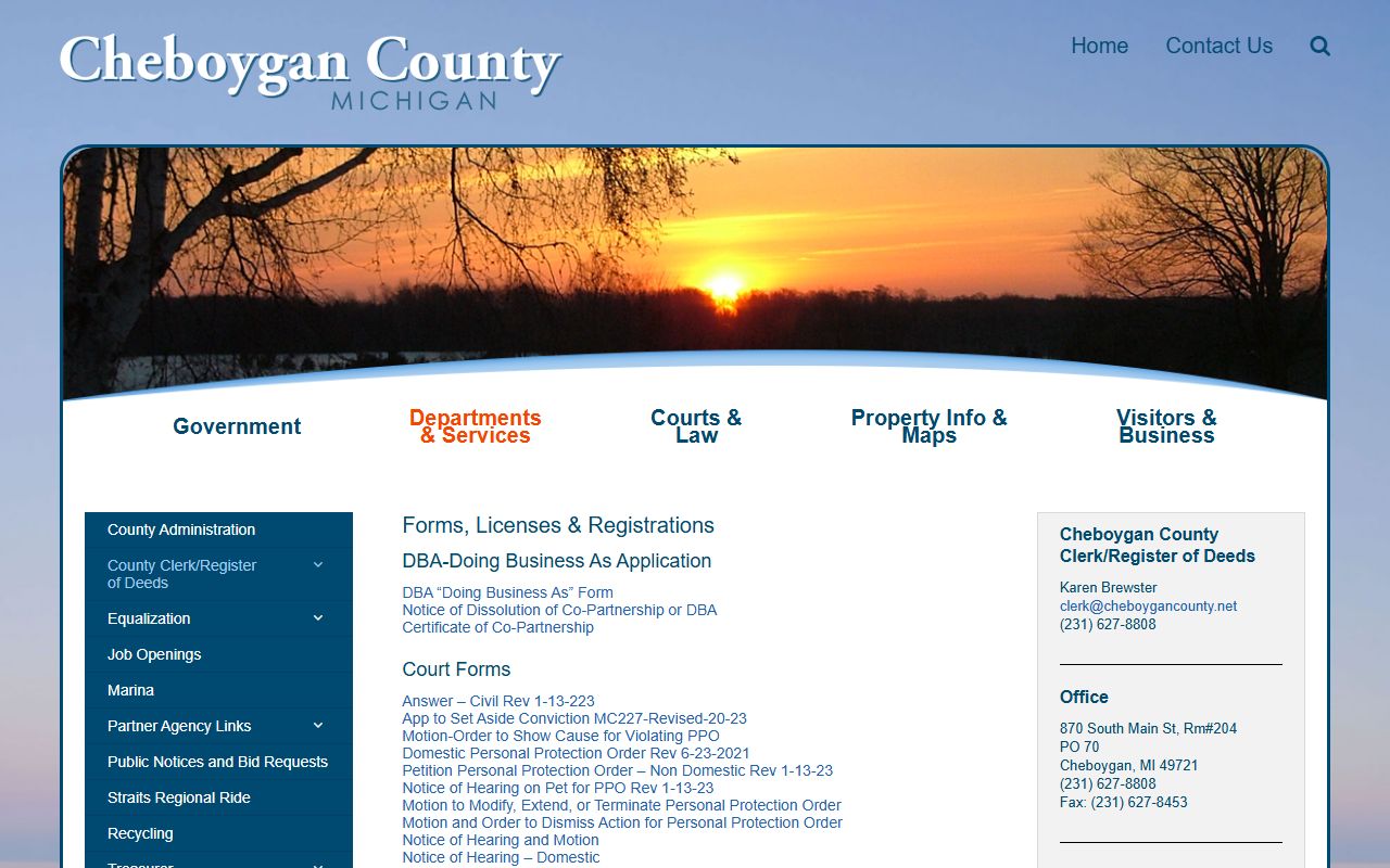 Cheboygan County Clerk forms, licenses, and registrations page for records requests