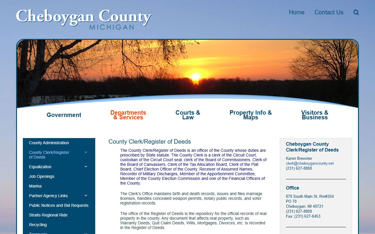 Cheboygan County Clerk/Register of Deeds office home page and clerk records contact panel