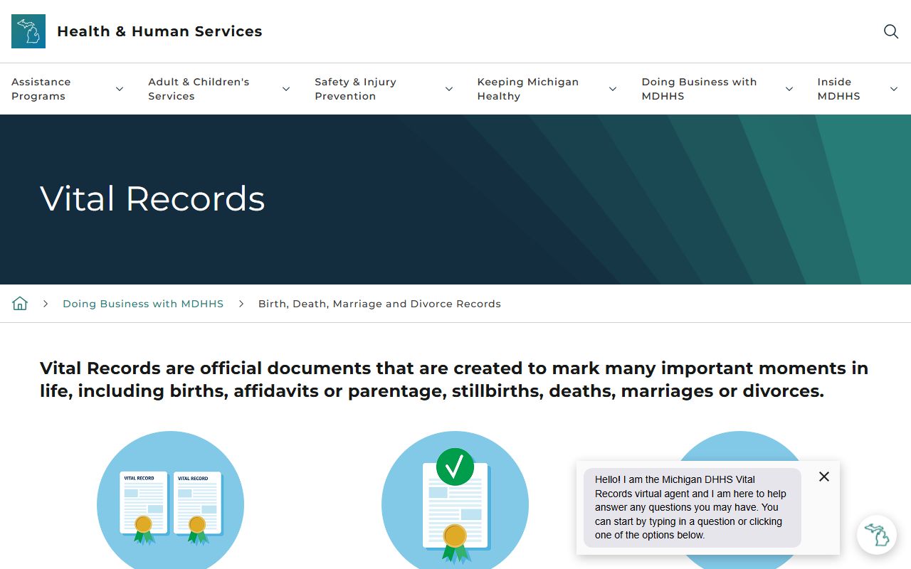 Michigan vital records landing page for Cheboygan County certified copies