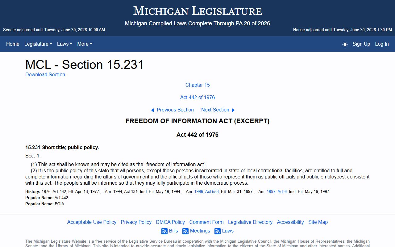 Michigan FOIA public records right statute for Cheboygan County charge records