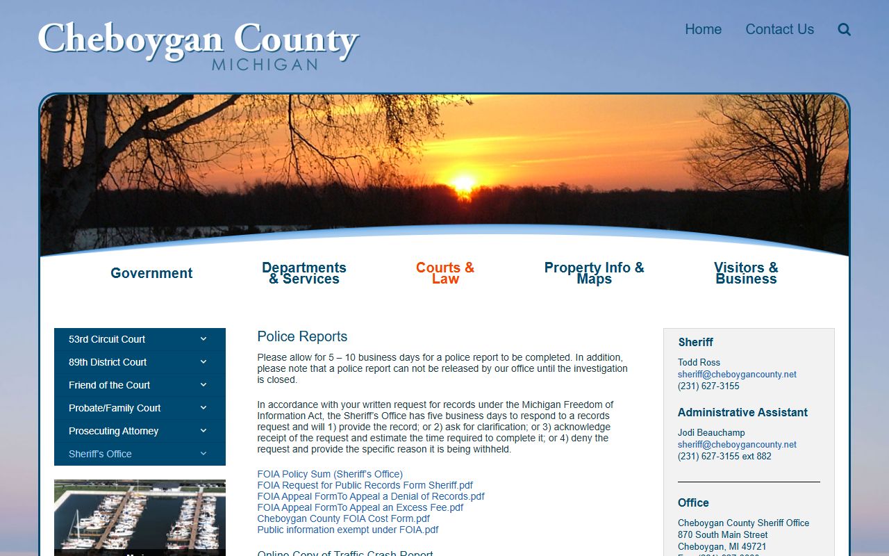 Cheboygan County sheriff police report and FOIA request page for arrest records