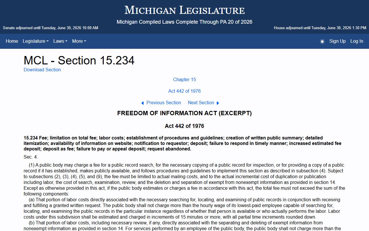 Michigan FOIA exemptions and limits statute for Cheboygan County charge records