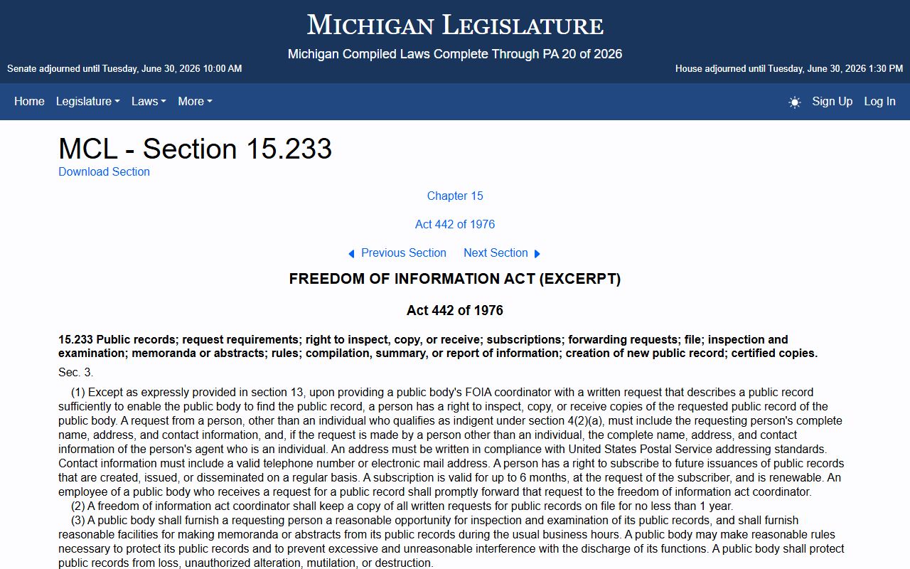 Michigan FOIA access methods statute for Cheboygan County arrest and charge records