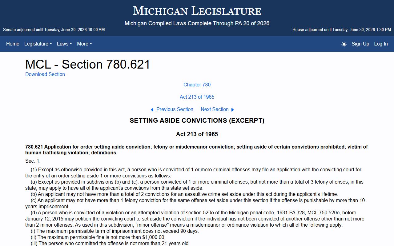 Michigan set-aside expungement statute for Cheboygan County arrest and charge records