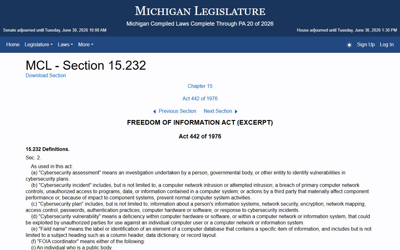 Michigan FOIA definitions and scope statute for Cheboygan County arrest records