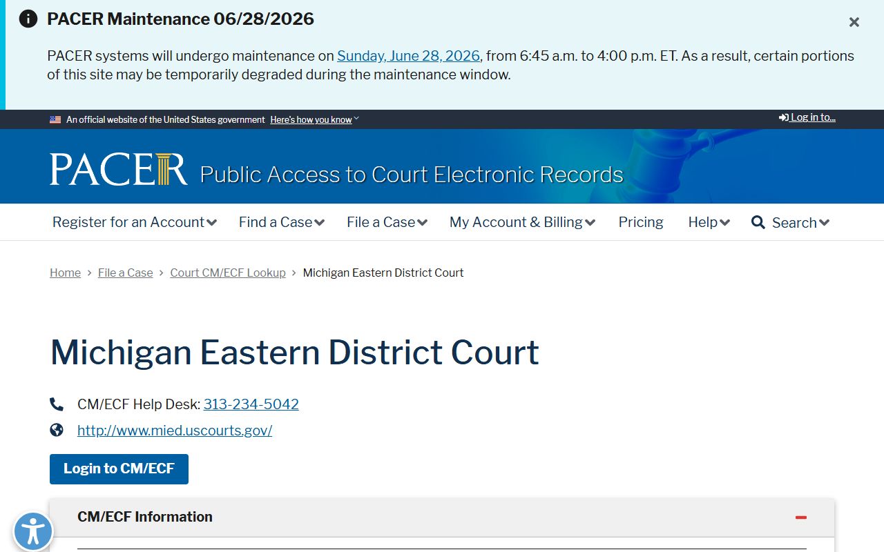 Cheboygan County court dockets PACER Eastern District of Michigan lookup
