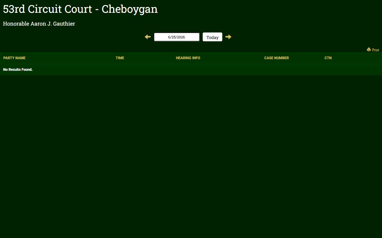 Public circuit docket display for Cheboygan County court records