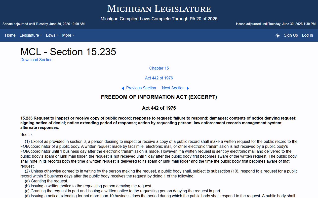 Cheboygan County inmate records FOIA fees and response rules under MCL 15.235