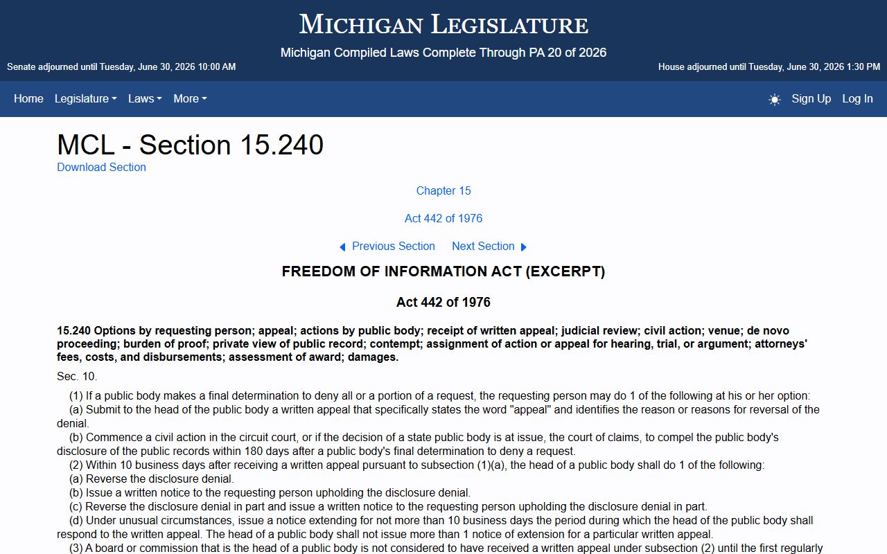 Cheboygan County marriage and divorce records FOIA appeals MCL 15.240