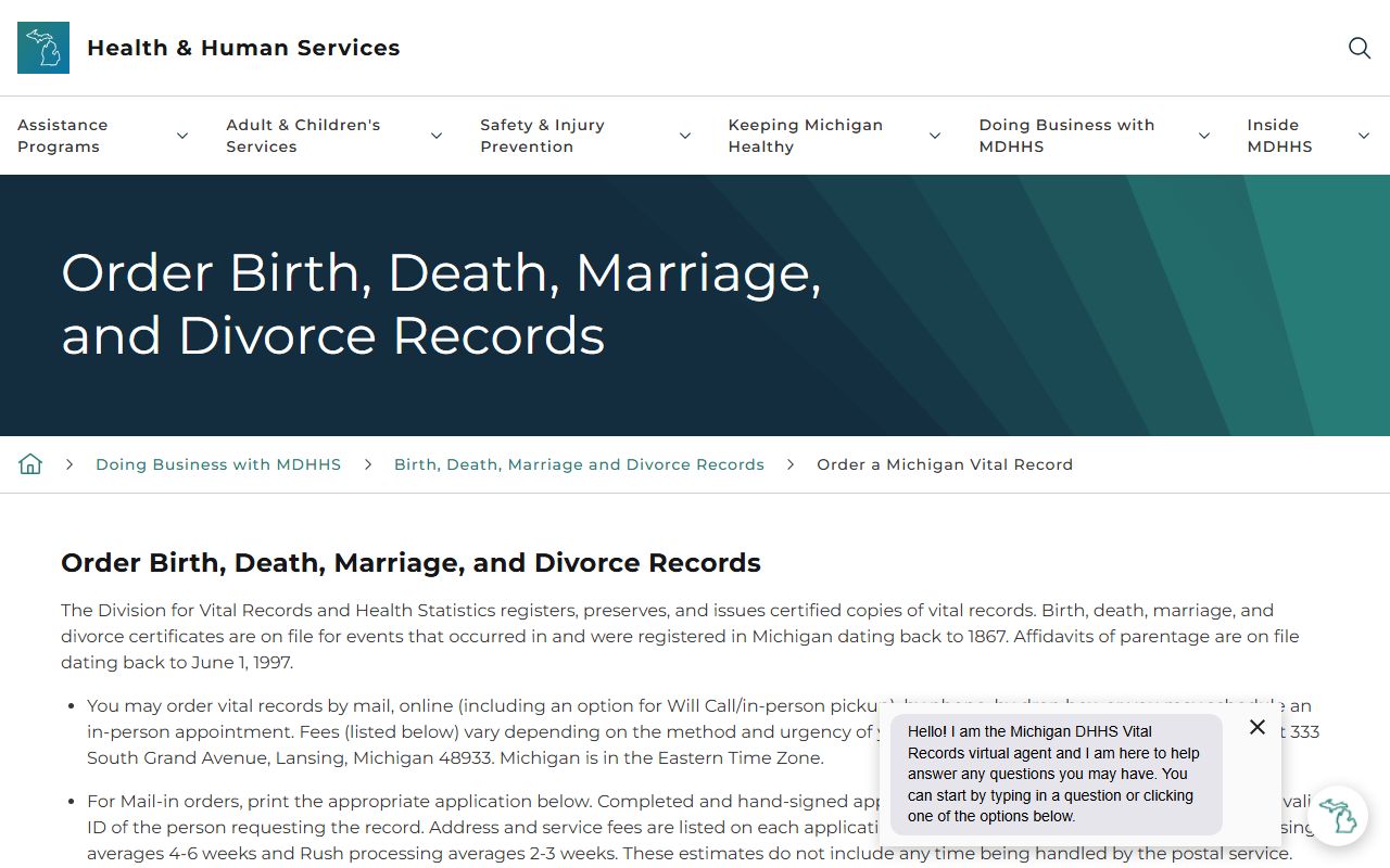 Cheboygan County marriage and divorce records state vital-record order page