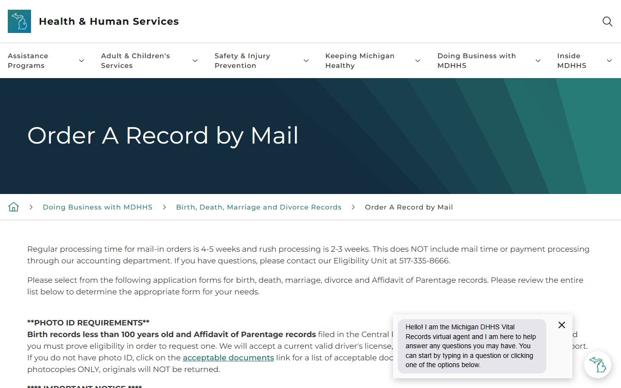 Cheboygan County marriage and divorce records state vital-record mail-order instructions