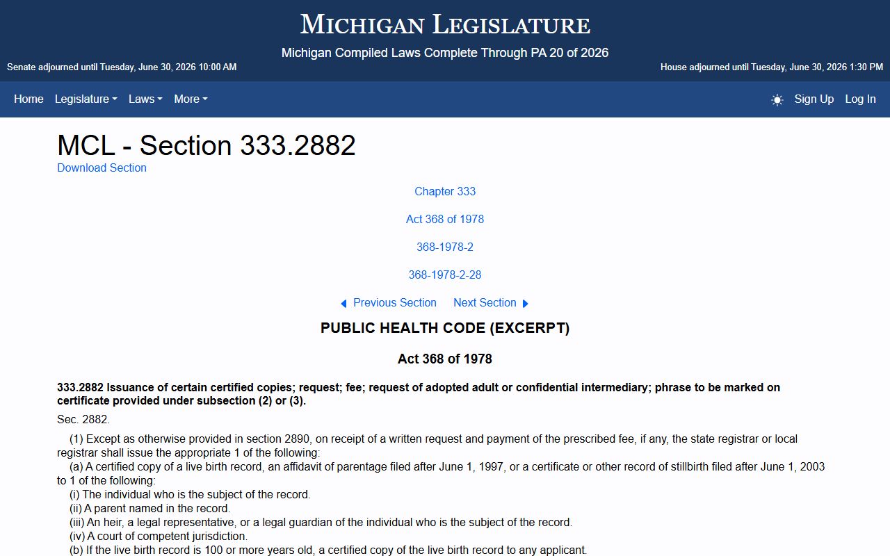 Cheboygan County probate records vital-record eligibility statute MCL 333.2882