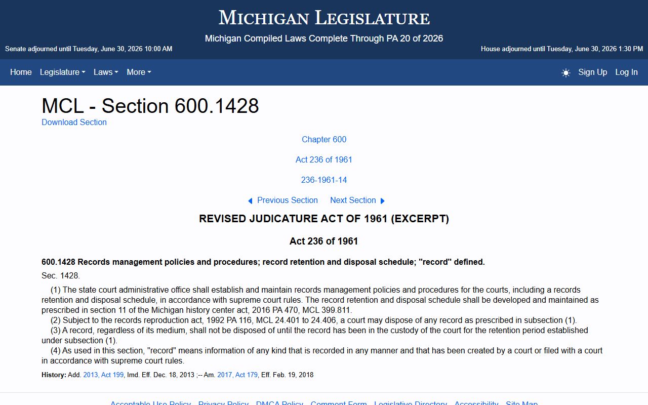 Cheboygan County traffic record correction under Michigan Compiled Laws 600.1428
