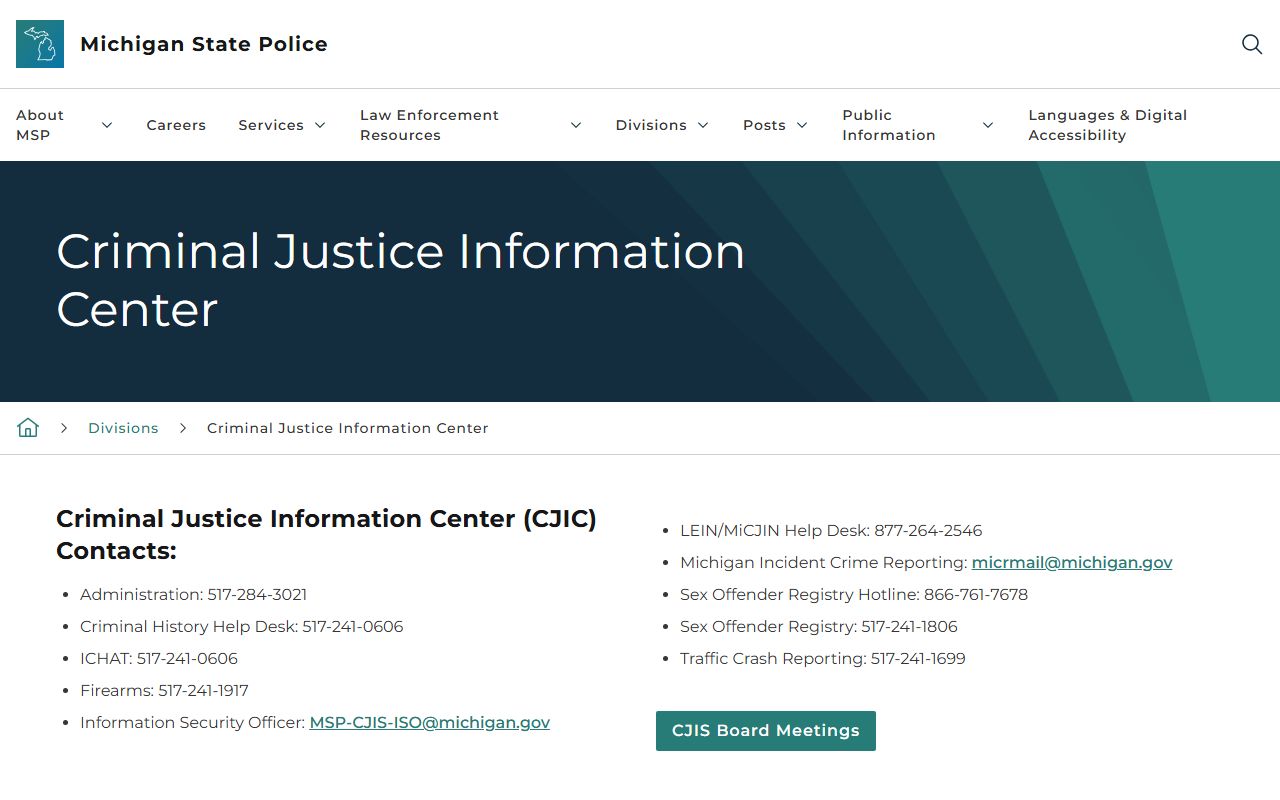 Michigan State Police criminal justice information center for Cheboygan County warrant checks