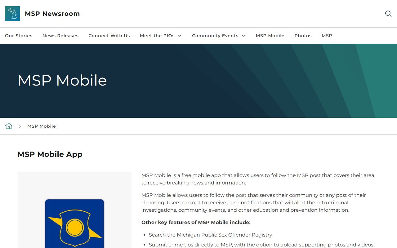 Michigan State Police mobile resources page confirming no Cheboygan County warrant app