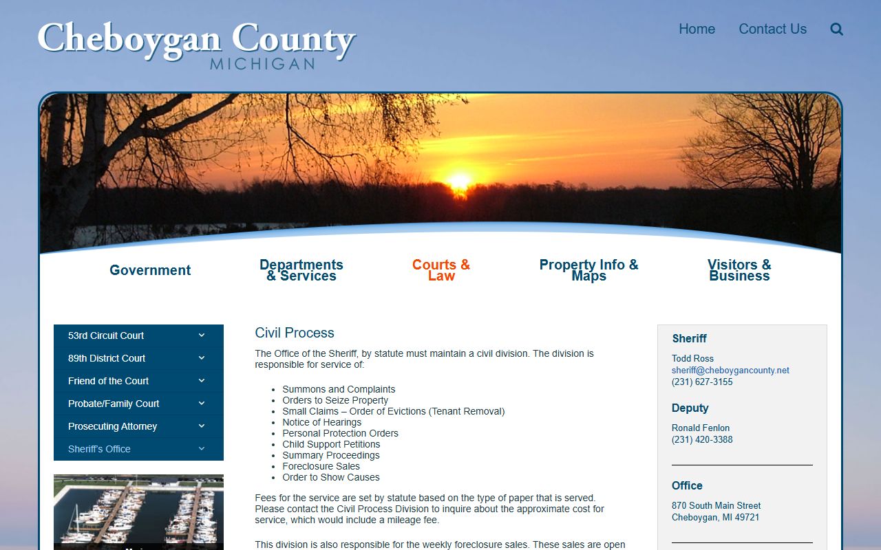 Cheboygan County Sheriff civil-process page for warrant and service records