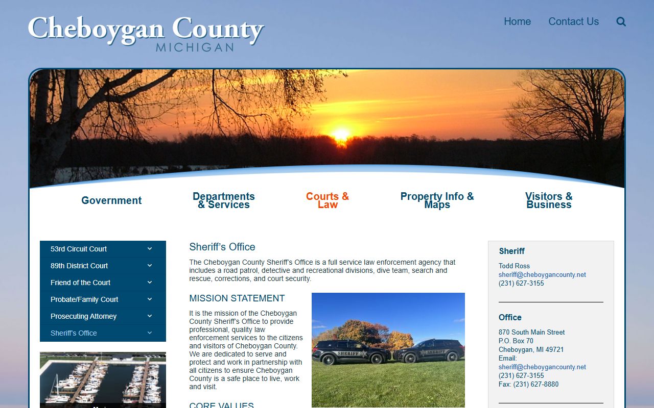 Cheboygan County Sheriff's Office page used for warrant records contact